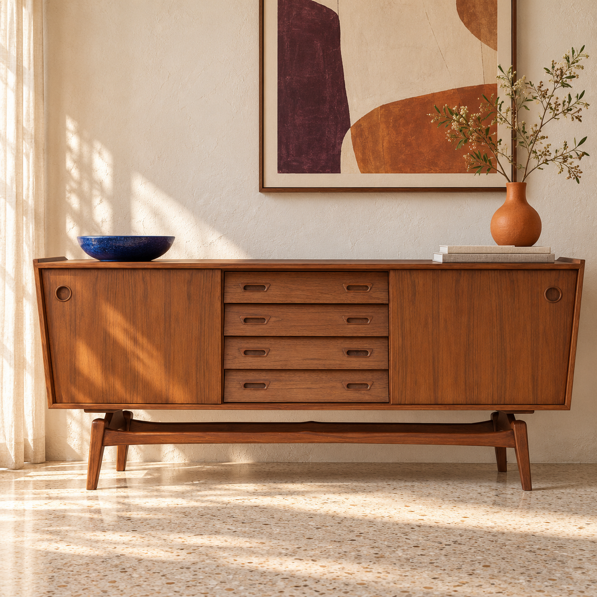 Alborg sideboard styled with artwork and a terracotta vase in warm morning light
